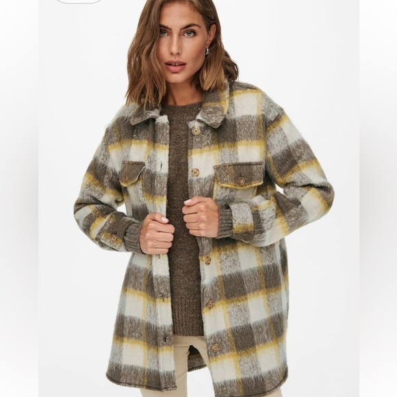 Only Jackets & Blazers - ONLY BLUE DENIM Button-Up Plaid Shacket, Made in Burma